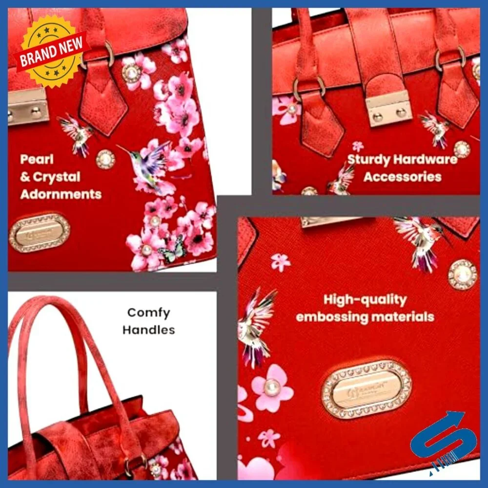 Vegan Leather Satchel with Adjustable Strap, Floral Crystal Accents